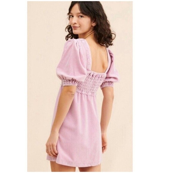 Free People Moon Flower Corduroy Mini Dress Size Medium Pink Puff Sleeve - Picture 12 of 12